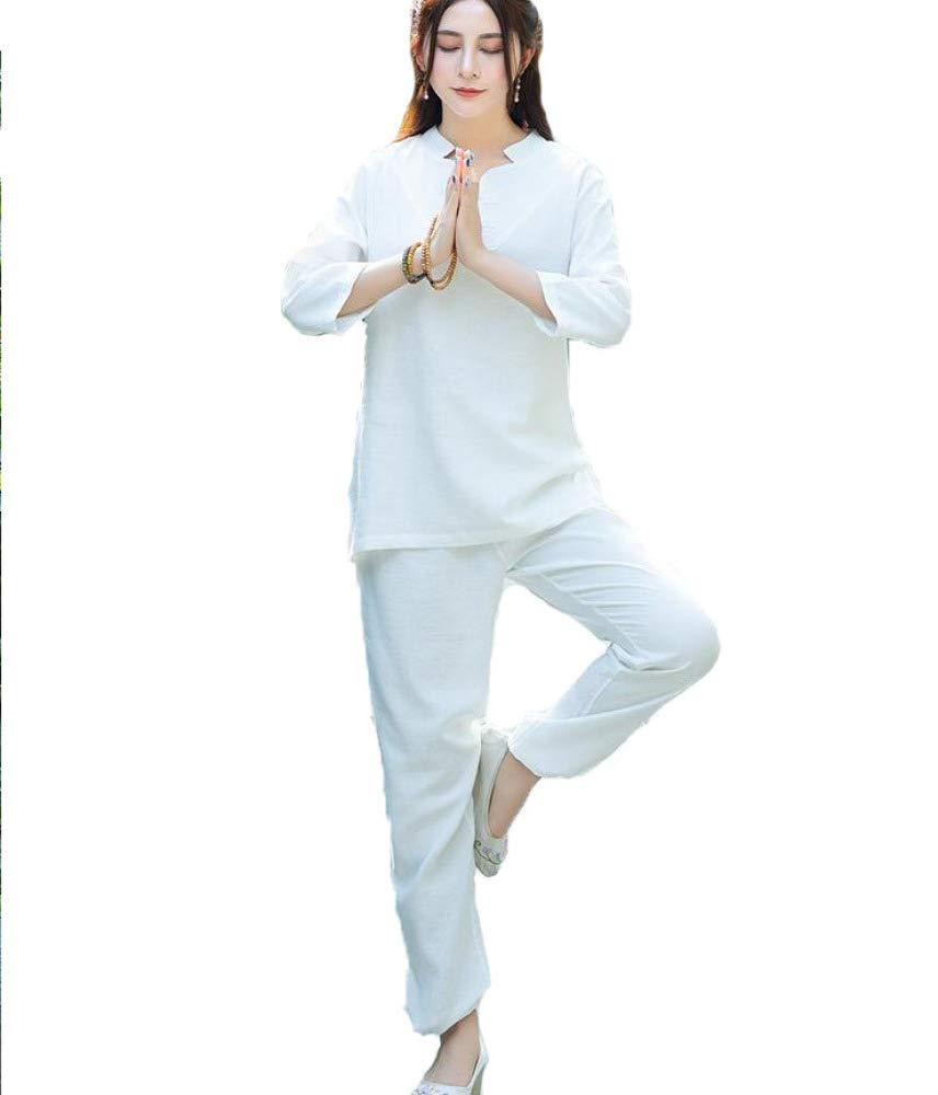 Abbigliamento da Donna per Arti Marziali in Cotone Tai Chi Uniforme Kung Fu Cinese Abbigliamento Wing Chun con Maniche a Tre Quarti,White-XXL