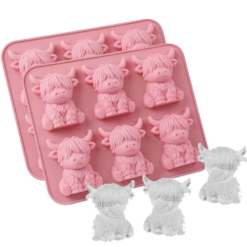 Highland Cow Ice Cube Tray, 3D Highland Cow Ice Cube Mold, 6 Cavity Food Grade Silicone Tray for Whiskey and Cocktails, Reusable Mini HighlandCow Gifts for Farmhouse Kitchen Accessories (2PCS Pink)