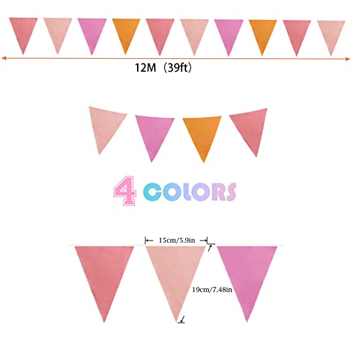 Image of Zwiebeco 39Ft Orange Pink Fabric Bunting Banner Triangle Flags Party Decorations Hanging Cotton Garland Pennant for Engagement Wedding Baby Shower Birthday Festivals Nursery Home Outdoor Garden