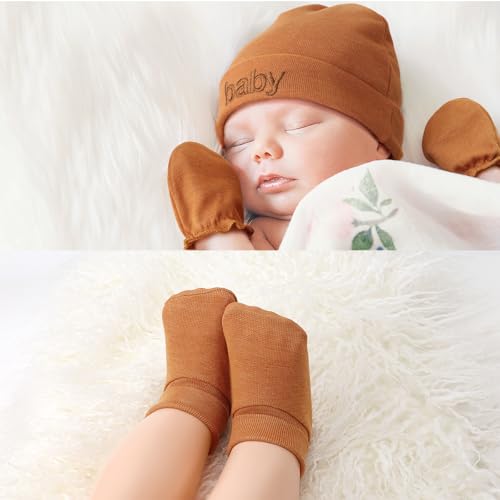 BQUBO Newborn Baby Hat Mittens Socks Set Infant Cotton Beanie Gloves Thick Warm Socks for 0-6 Months Boys Girls3