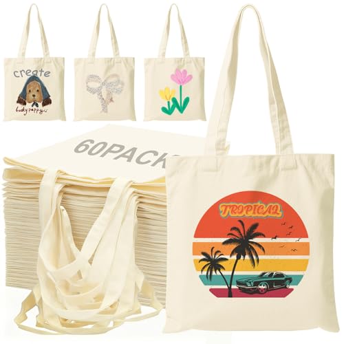 60 Pack Canvas Tote Bags for DIY Heat Transfer