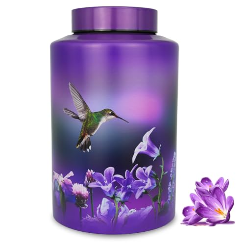 Image of Large Purple Metal Cremation Urns for Human Ashes, for Adult Female | 220 lbs Capacity, Hummingbird Design, Sealing Well & Durable & Waterproof, Stainless Steel, Funeral Women Ash Keepsake