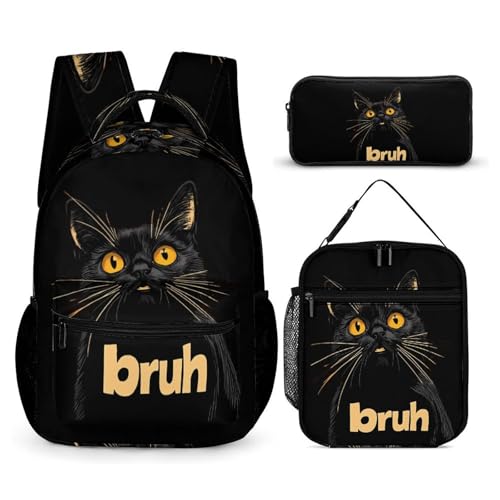 Meme Saying Cat Bruh 3 PCS Backpack Set Casual Daypack with Insulated Lunch Bag & Pencil Case