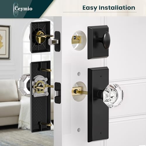Image of Glass Door Knobs with Single Cylinder Deadbolt Lock Set - Matte Black Crystal Passage Knob for Interior /Exterior Doors - Vintage Diamond Bedroom Bathroom Closet Handles