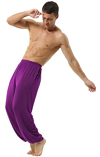 Hoerev Men's Super Soft Modal Yoga Pants Lightweight, Loose Fit with Pockets Purplered