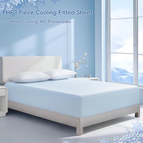 PHF Luxury Cooling Fitted Sheet King Size for Spring Summer, Breathable Q-Max > 0.47 Widen 18" Deep Pocket Silky Bottom Sheet for Hot Sleeper Night Sweats, Ice Blue by PHF - Used condition - Image 9
