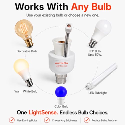 Image of Auto-ON LightSense Automatic Day /Night Sensor Holder, B22 Base, at Night & Off in Daylight, Flexible Sensor Design, for Outdoor Lights (One Year Warranty) (Made in India)