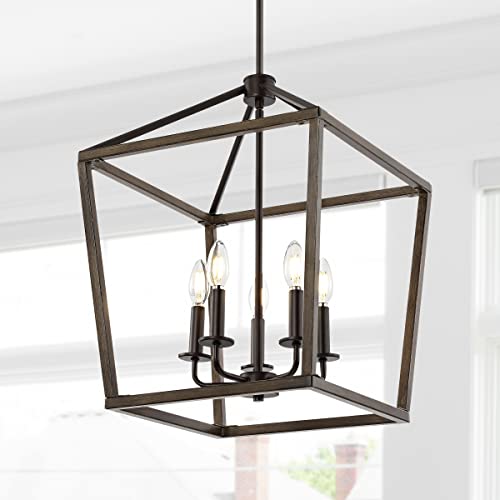 JONATHAN Y JYL1323A Pagoda 16" 5-Light Iron Farmhouse Industrial Lantern LED Pendant,Rustic, Bohemian, Coastal, for Dining Room, Kitchen, Living Room,Oil Rubbed Bronze/Faux Wood