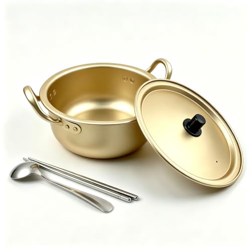 Korean Ramen Pot, Double Handle Soup Stockpot with Lid & Even Heat Design