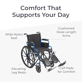 Drive Medical Blue Streak Lightweight Foldable Wheelchair - Enhanced Mobility Support - Durable Construction - Padded Comfort - Swing-Away Leg Rests - Desk Arms - Blue/Black - 18 Inch Seat