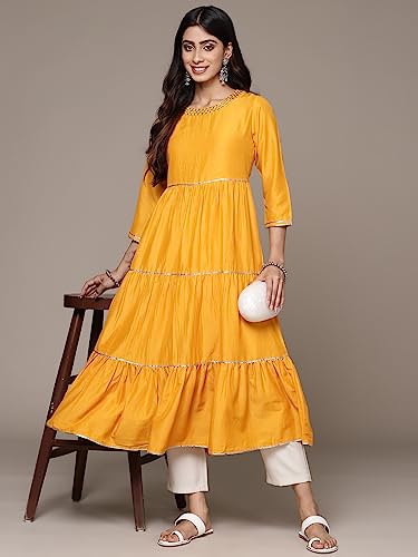 Image of ishin Women's Silk Embellished Yellow Anarkali Kurta