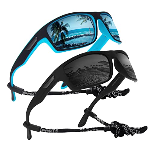 SKYWAY Gafas de sol polarizadas de pesca para hombres y mujeres, gafas deportivas envolventes, béisbol, correr, ciclismo, protección UV SS8004, Paquete de 2 Negro/Azul Cover