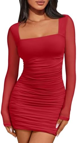 Trendy Queen Mesh Long Sleeve Square Neck Dress for Women Sexy Party Club Ruched Bodycon Mini Dresses