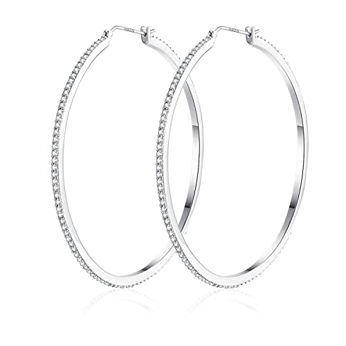 18K White Gold Plated Sterling Silver Post Cubic Zirconia Hoop Stud Earrings 15Mm-60Mm Options, Big Silver Hoop Earrings Hypoallergenic Jewelry (60Mm) #TOP15