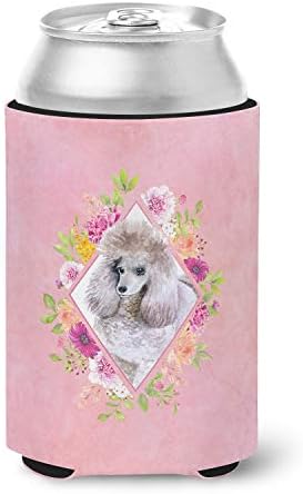 Caroline's Treasures CK4173CC Standard Grey Poodle Pink Flowers Can or Bottle Hugger Cooler Washable Drink Sleeve Collapsible Beverage Insulated Holder, Can Hugger, Multicolor image 2