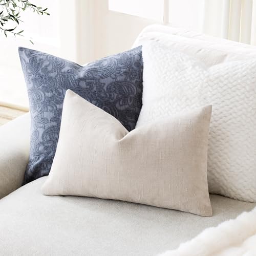 Image of Foindtower Pack of 2 Soft Textured Throw Decorative Pillow Covers Lumbar Accent Solid Cushion Cover Cozy Neutral Farmhouse Pillow Case for Couch Sofa Bedroom Living Room 12x20 Inch, Light Beige