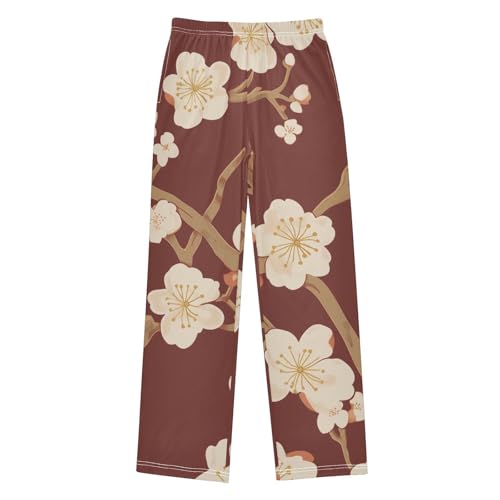 Winter Plum Floral Boys Long Pants Soft Trousers Elastic Waist Kids Lounge Bottoms with Pockets S-XL