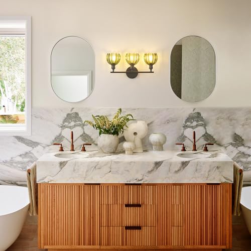 Shenmoyl Bathroom Light Fixtures, 3-Light Black Vanity wall Light Over Mirror with Green Tulip Glass Shade for Bedroom Living Room (Bulb Not Included) by Shenmoyl - Used condition - Image 9