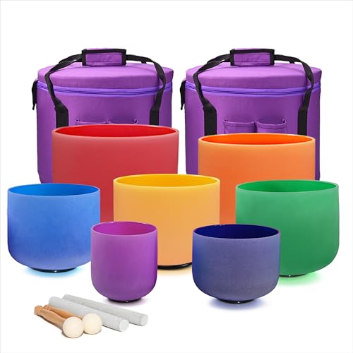 432HZ 6''-12'' Set of 7 Colored Crystal Singing Bowl Set Crystal Sound Healing Frosted Chakra Quartz bowls with 2 Case Bags and Rubber Mallets