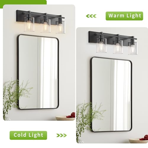 Image of Bathroom Vanity Light,3 Light Matte Black Light Fixture with Thickened Clear Glass Shade, 21 inch Dimmable Modern Wall Sconce, Bathrooms Vanity Light Over Mirror for Bathroom
