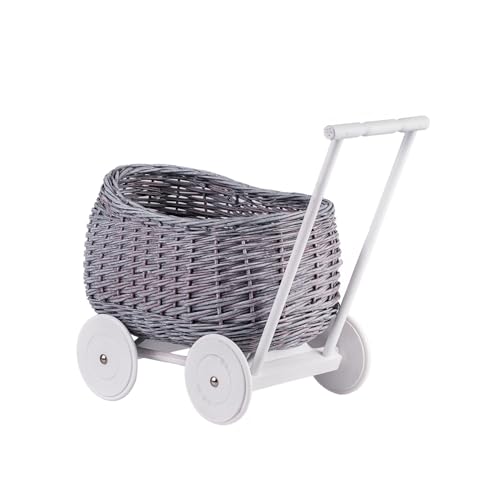 e-wicker24 Carro de mimbre colgante de cesta, carro de muñecas, carretilla de juego, idea de regalo perfecta para niños y niñas, juguete de mimbre