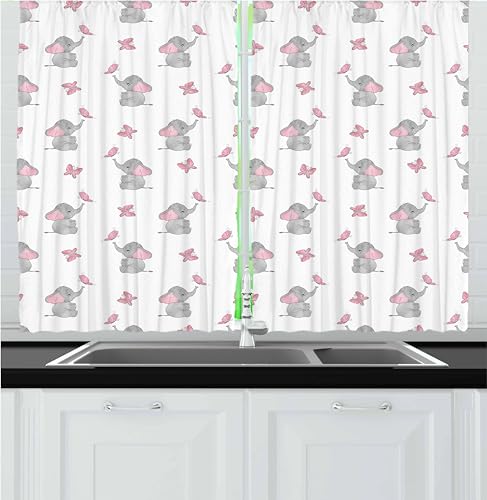 Ambesonne Elephant Nursery Kitchen Curtains, Baby Elephants Playing with Butterflies Design Pattern, Window Drapes 2 Panel Set for Kitchen Cafe Decor, 55