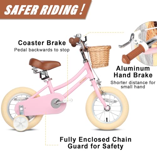 Image of Petimini Vintage Kids Bike for Girls, 12-20 Inch Classic Bicycle with Wicker Basket & Bell, High Tensile Steel Frame, Training Wheels (12-18 inch), 85% Pre-Assembled, Retro Bike for Outdoor Riding