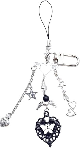 hejhncii Llavero de cordón para teléfono, cadena de corazón de cruz negra, llavero para teléfono celular Y2K, cordón colgante para mujeres y niñas