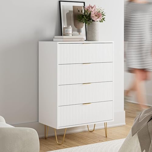 HEYZOEY Cómoda blanca con 4 cajones para dormitorio, 60x34x91cm, cómoda de madera con almacenamiento para dormitorio, mueble de gabinete para sala de estar, oficina, salón, blanco