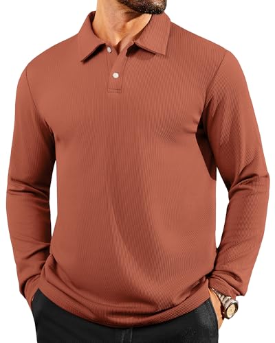 Mens Jacquard Polo Shirts Long Sleeve Striped Textured Knit Polo Regular Fit Casual Button Down Stretchy Golf Shirts
