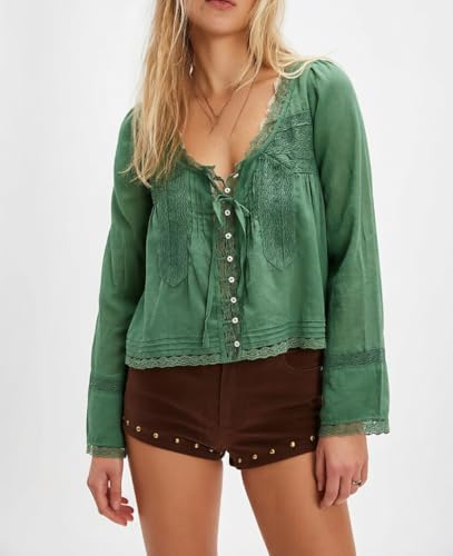 Image of Women Summer Sheer Tie Front Top Y2k Peplum Chiffon Blouse Eyelet Long Sleeve Flowy Lace Beach Cover Up Boho Tops