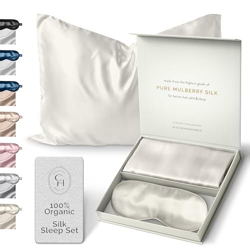 Colorado Home Co Federa in seta per capelli e pelle, colore bianco sporco, queen size, 100% seta, 51 x 76 cm, federa per cuscino per acne con mascherina per gli occhi per dormire