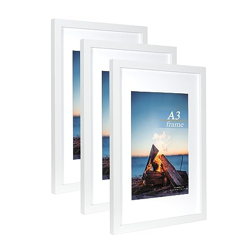White Wooden Picture Frame A3 with Mat,Set of 3, Mount for A4 Picture or Certificate,Wall Mountable