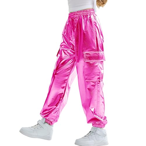 Image of Rolanko Girls Shiny Metallic Cargo Pants, Sparkle Jogger Pants for Girls Hip Hop Dance Streetwear Cargo Trousers 6-15 Years