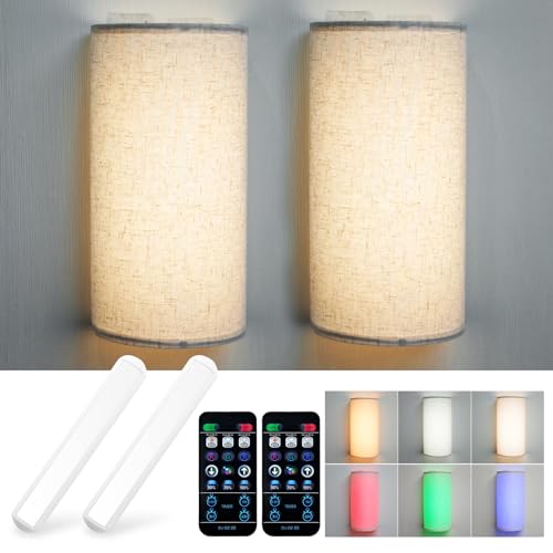 Battery Operated Wall Lights 2 Pack, RGB Colors Changeable Dimmable Height Fabric Sconces, Wireless Wall Sconces with Remote, 4400mAh Rechargeable Wall Lamp for Bedroom Living Room Hallway