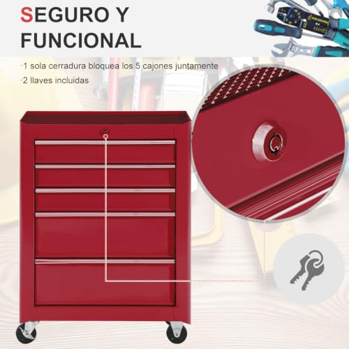 Miniatura 4 de Homcom Carro Caja De Herramientas Taller Movil 5 Cajones 4 Ruedas Cerradura Color Rojo