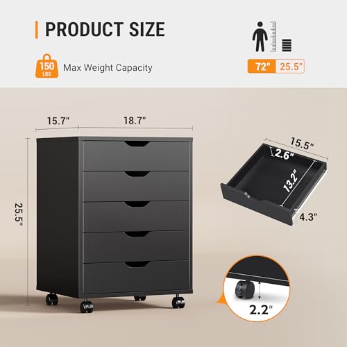 Image of DEVAISE 5 Drawer File Cabinet, Wood Under Desk Drawers Chest Rolling Vertical Filing Cabinet Storage Furniture for Office Home Black