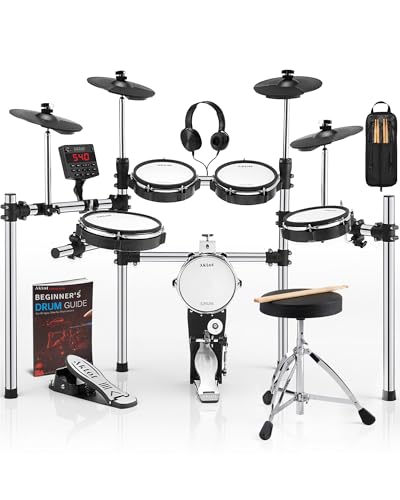 AKLOT Electric Drum Set with Kick-Tower: 4 Dual Zone Mesh Pads, 8’’ Tower-Style Kick Drum, 10’’ Snare, Dual Zone 10’’ Cymbals with Choke, 360 Sounds, User Kit, USB-MIDI, Throne, B-CORE 540 Air, Silver