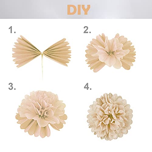Beige Deko 12 Stk. Pompons Hellbraun Seidenpapier Pompoms Geburtstagsdeko Papier Fächer Braun Pom Poms Set für Hochzeit Babyparty Neutral