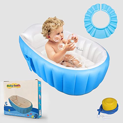 Safe-O-Kid Aquaspa Baby Bath Tub, 6 Months Warranty, with Multipurpose Baby Shower HAT/Cap, European Safety Standard Inflatable Bathtub with Air Pump + Elegant Colorful Box for Extra Safety- Blue