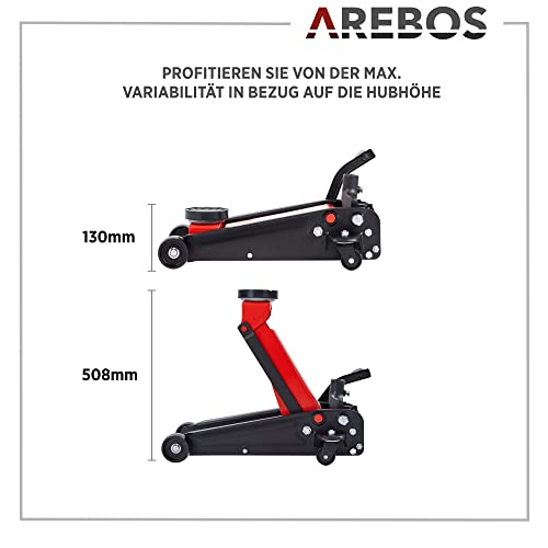 Arebos 3T Hydraulischer Rangierwagenheber mit integriertem Fußpedal | Unterfahrhöhe 130-508 mm | 2...