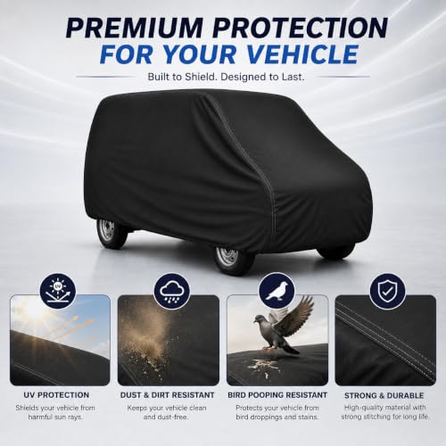 Image of Polyester Car Body Cover Compatible for Maruti Suzuki Eeco [2010-2025] All Variants | Water Resistant Heavy Stitched with Piping | All Weather Protection Cover - Black