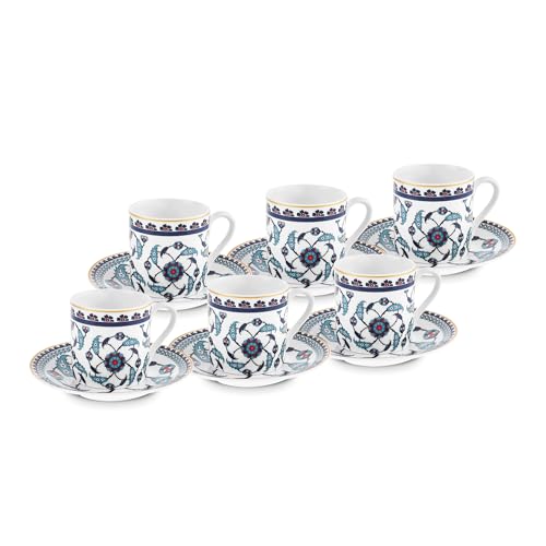 KARACA Rumi 12-Piece Bone China Turkish Coffee Cup Set for 6 People, 80ml, Espresso Coffee Cups and Saucers, Multi