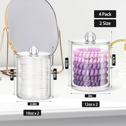 ME.FAN Qtip Holder Dispenser - 4 Pack 10oz, 12oz Clear Plastic Apothecary Jars Set - Restroom Bathroom Makeup Organizers Containers for Cotton Ball/Swab/Round Pads, Floss, Hair Ties, Bath Salt