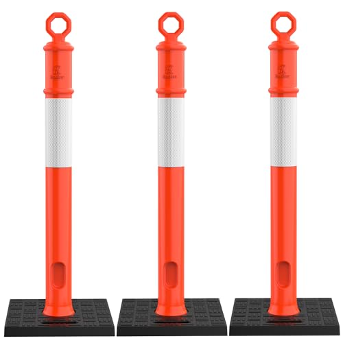 RoadHero 45 Inch Delineator Post with Base, Portable Orange Traffic Delineator Posts Cones with Reflective Collars for Parking Lots, Road Safety, Construction Events 3 Pack