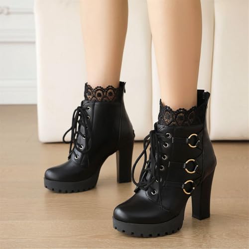 Image of FOREADA Goth Platform Heel Combat Boots Women Pearl Lace Victorian Booties