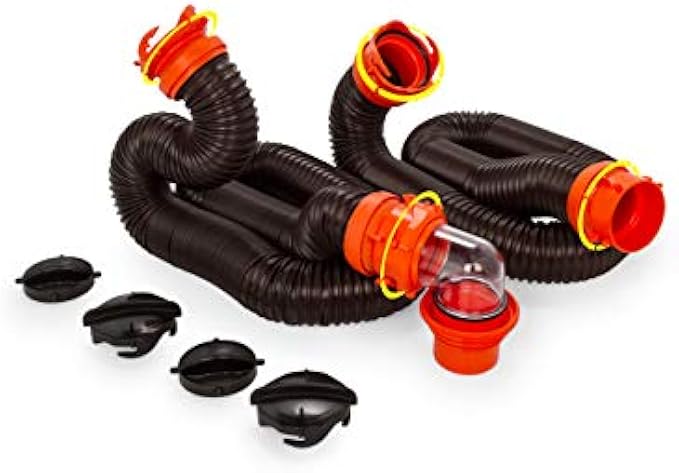 Camco 20' (39742) RhinoFLEX 20-Foot RV Sewer Hose Kit, Swivel Transparent Elbow with 4-in-1 Dump Station Fitting-Storage Caps Included , Black , Brown
