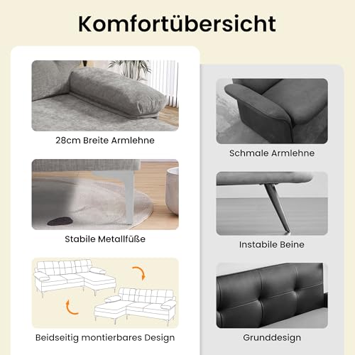 DUANDUAN Ecksofa 3-Sitzer Sofas 210cm breit Polsterecke mit Federkern Kissen und Rückenlehnen abnehmbar und waschbar - Chaiselongue beidseitig montierbar Couch L-Form fürs Wohnzimmer (Grau)