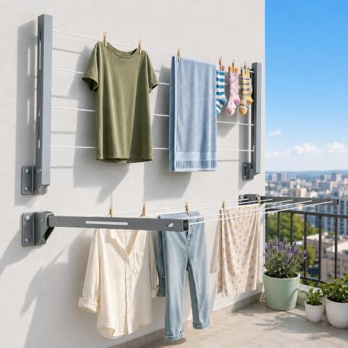 Image of Robustt Wall Mounted Clothes Drying Stand | 55 Ft Drying Space | Heavy-Duty Foldable Powder Coated Metal Arms Cloth Dryer Rack | Space Saving Laundry Hanger for Balcony, Bathroom, Terrace | Grey
