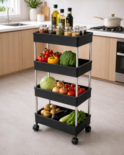 Image of AEXONIZ TOYS 4 Layer Multipurpose Storage Rack, Kitchen Trolley, Storage Cart with Wheels, Rack for Storage Multipurpose, Kitchen Storage Rack, Multipurpose Trolley (Black)